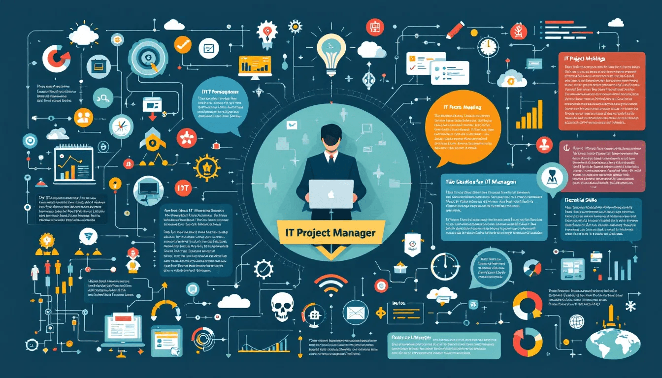 A collage of essential skills for IT project managers.