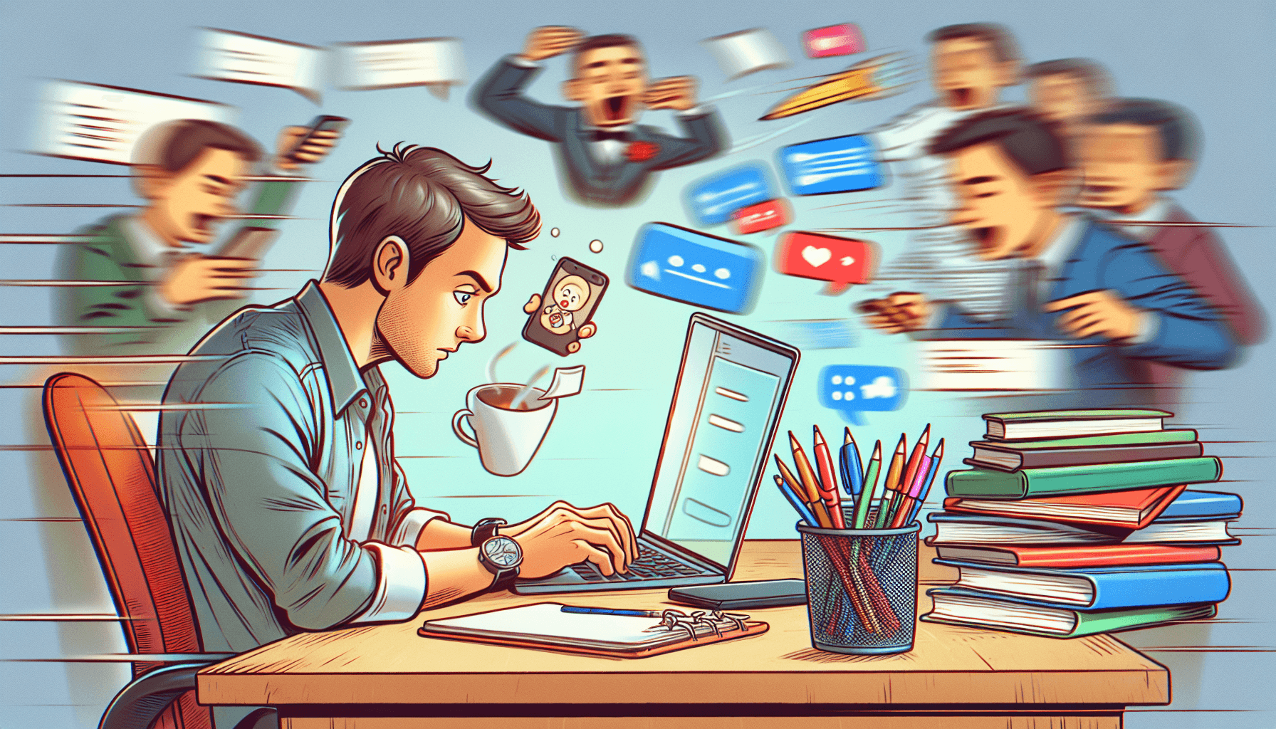 An illustration showing a person focusing on work while avoiding distractions.