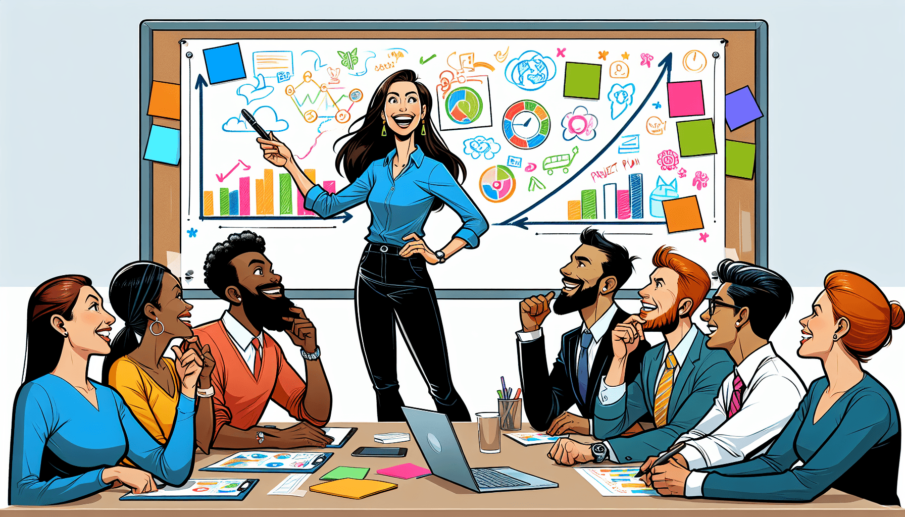 An illustration representing a project leader guiding a project team.