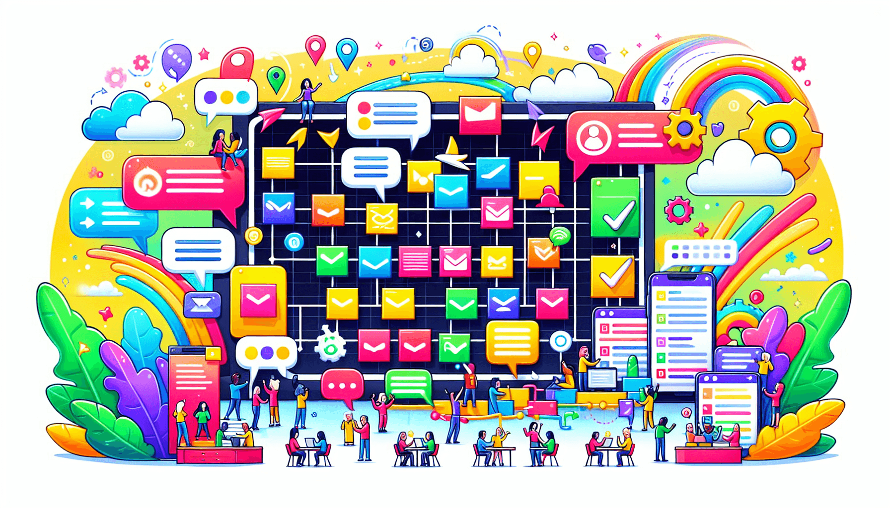 A colorful illustration of various collaboration tools used in project management.
