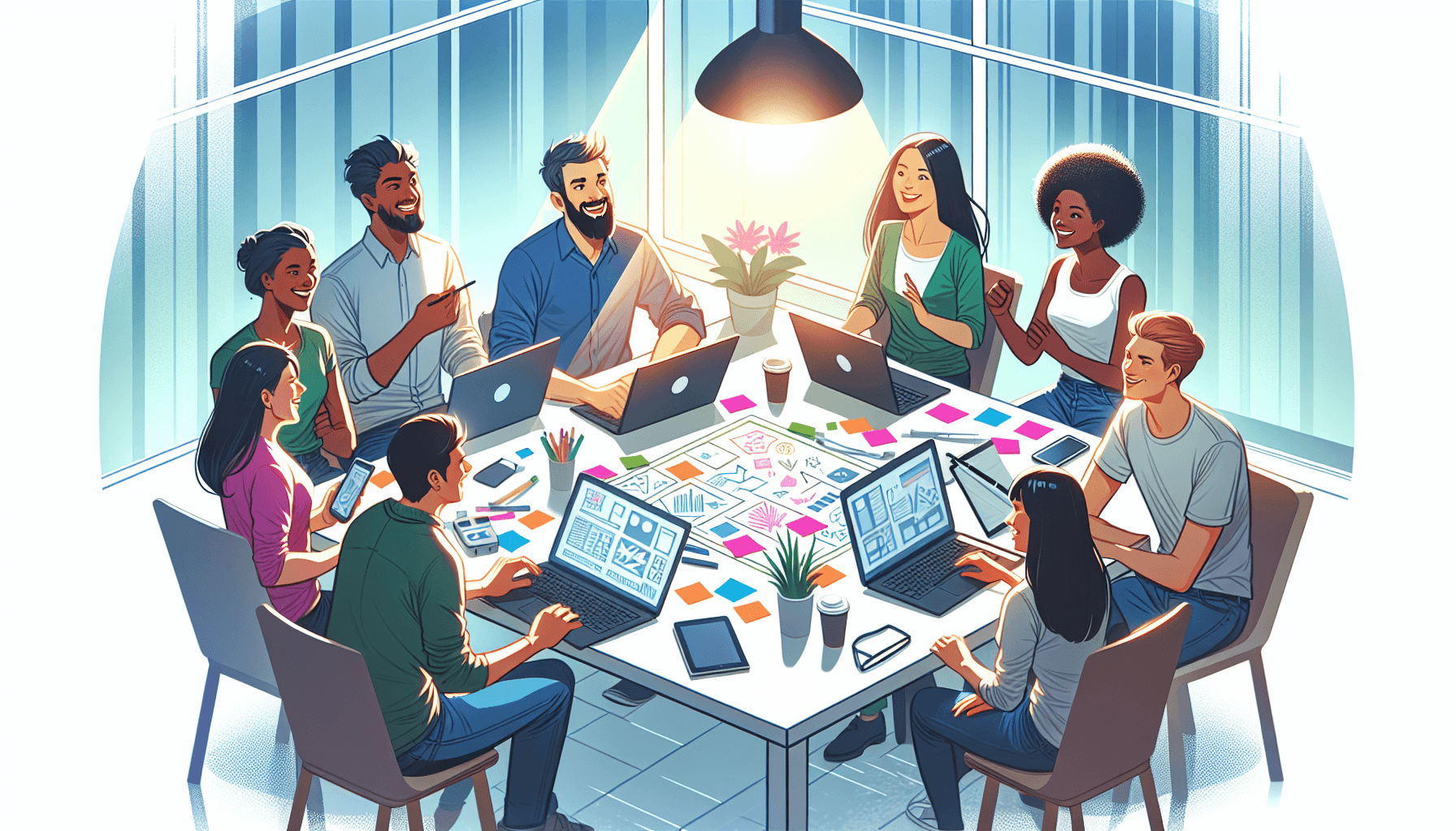 An illustration of a high-performing project team engaged in a brainstorming session.