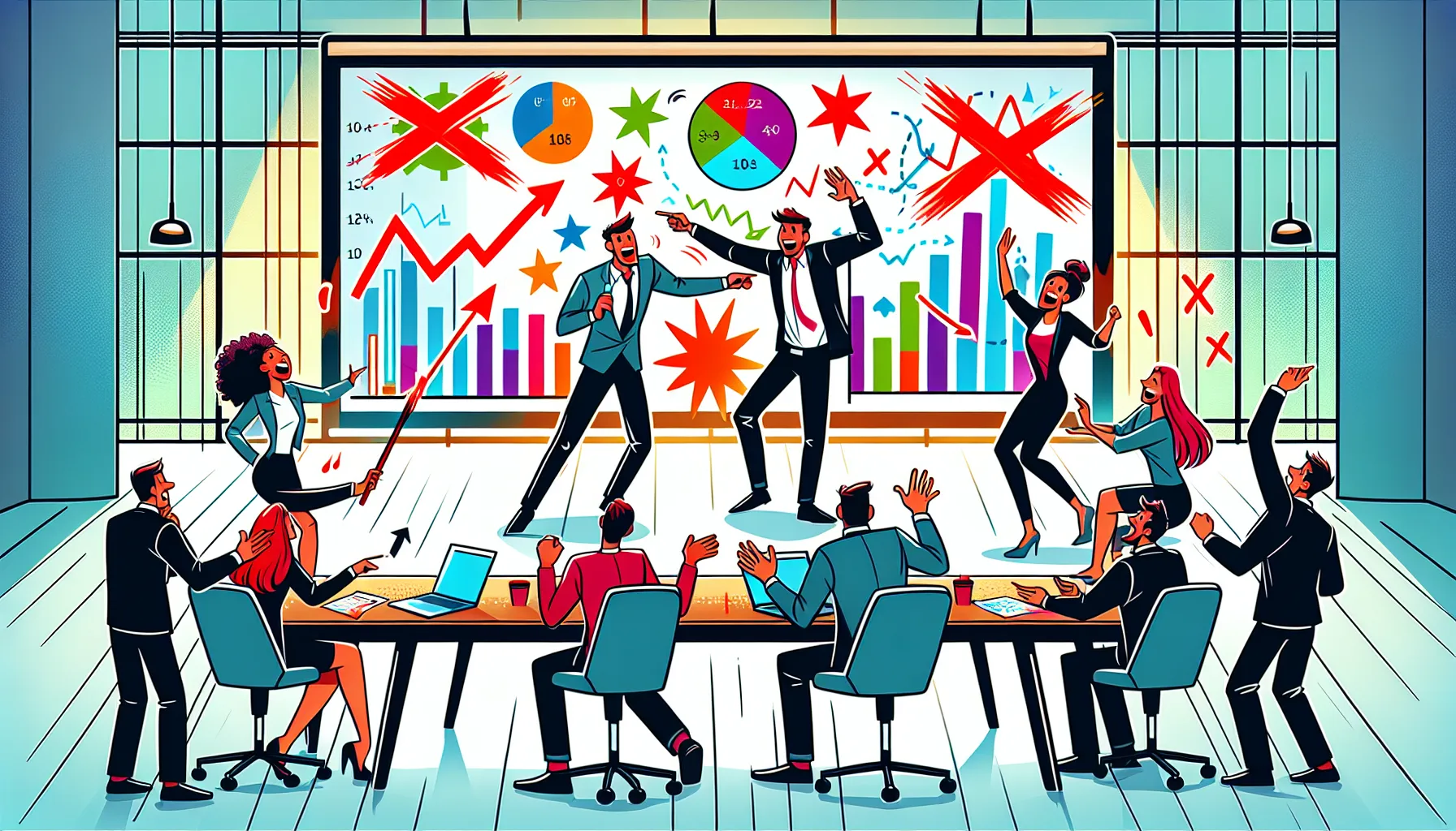 An illustration representing a project leader guiding a project team.