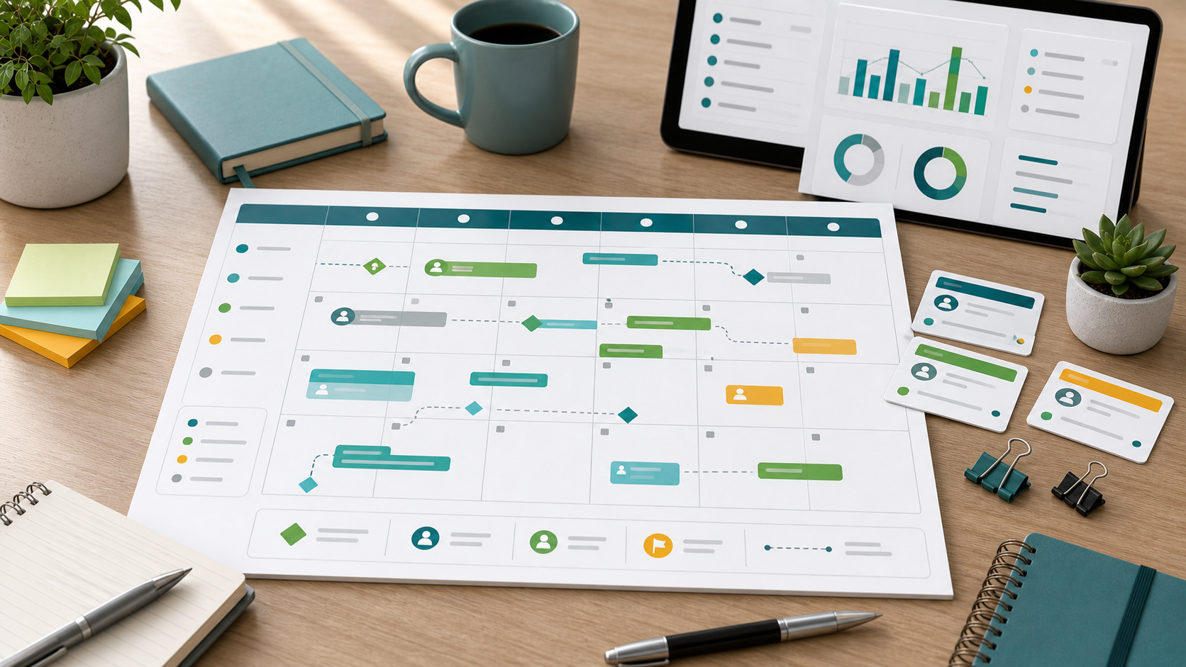 Project calendar template with weekly cells, milestone markers, owner cards, and dashboard panels