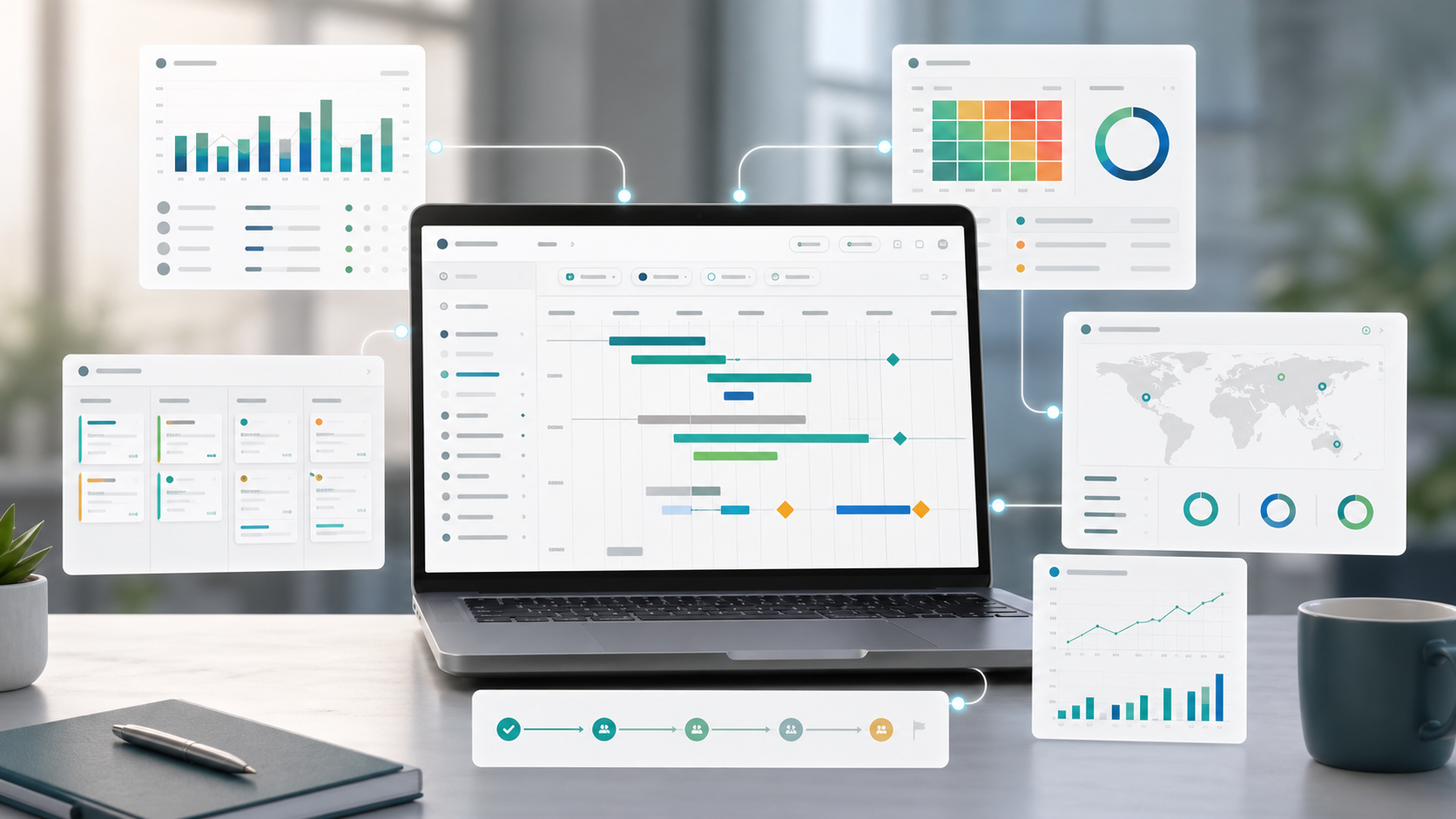 Project planning software dashboard with timeline, boards, capacity charts, and reporting panels