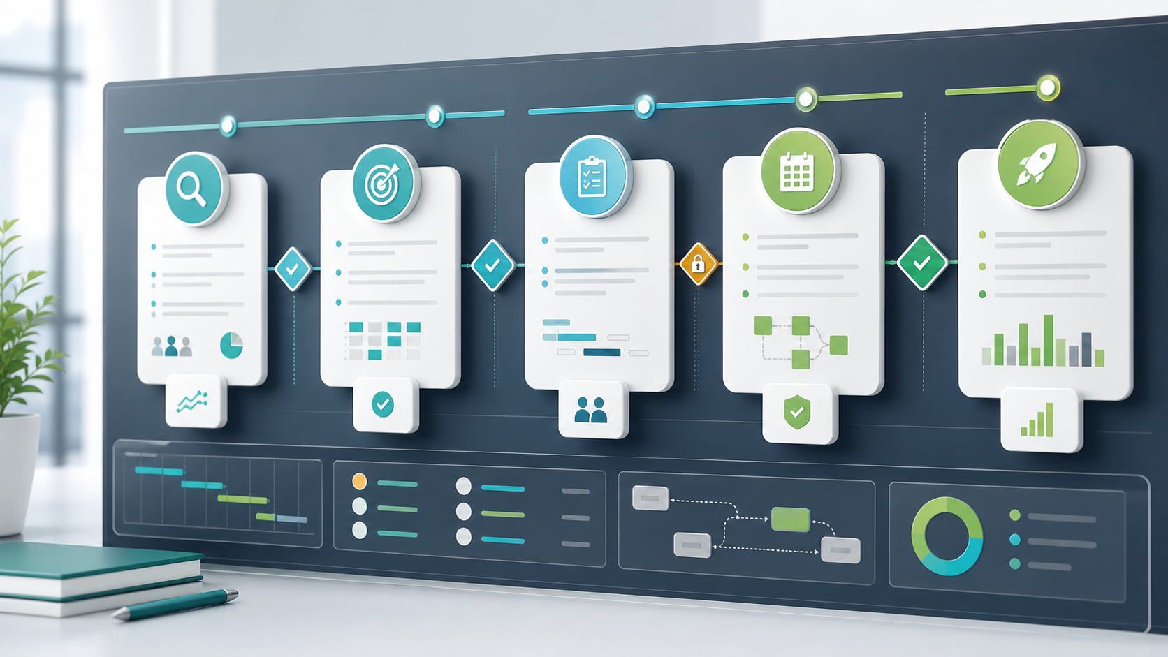 Project planning steps shown as a connected workflow from discovery to approval and execution