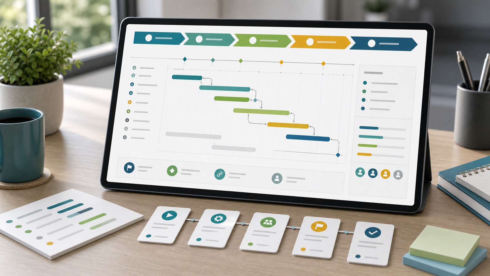 Project timeline template with phases, milestones, dependencies, and owner markers