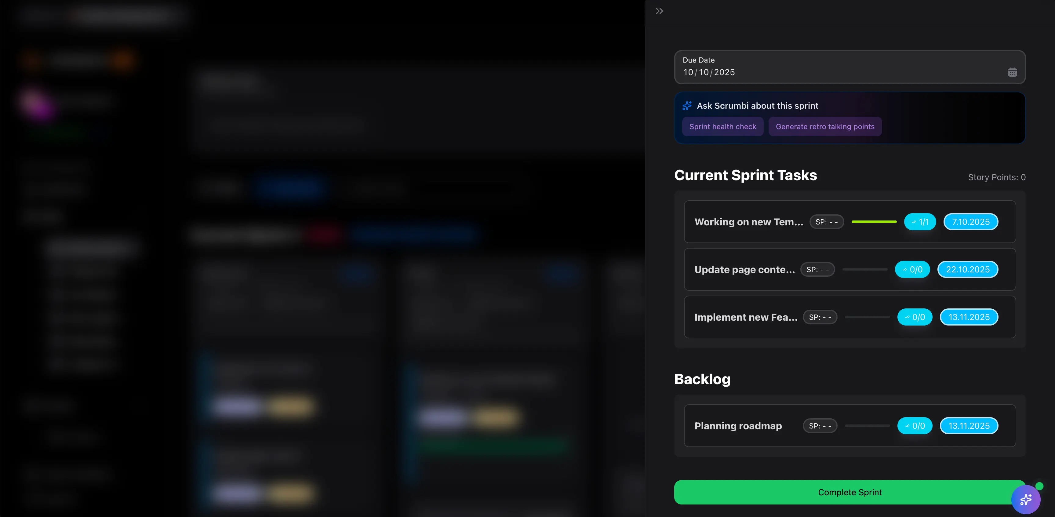 Sprint planning template screenshot