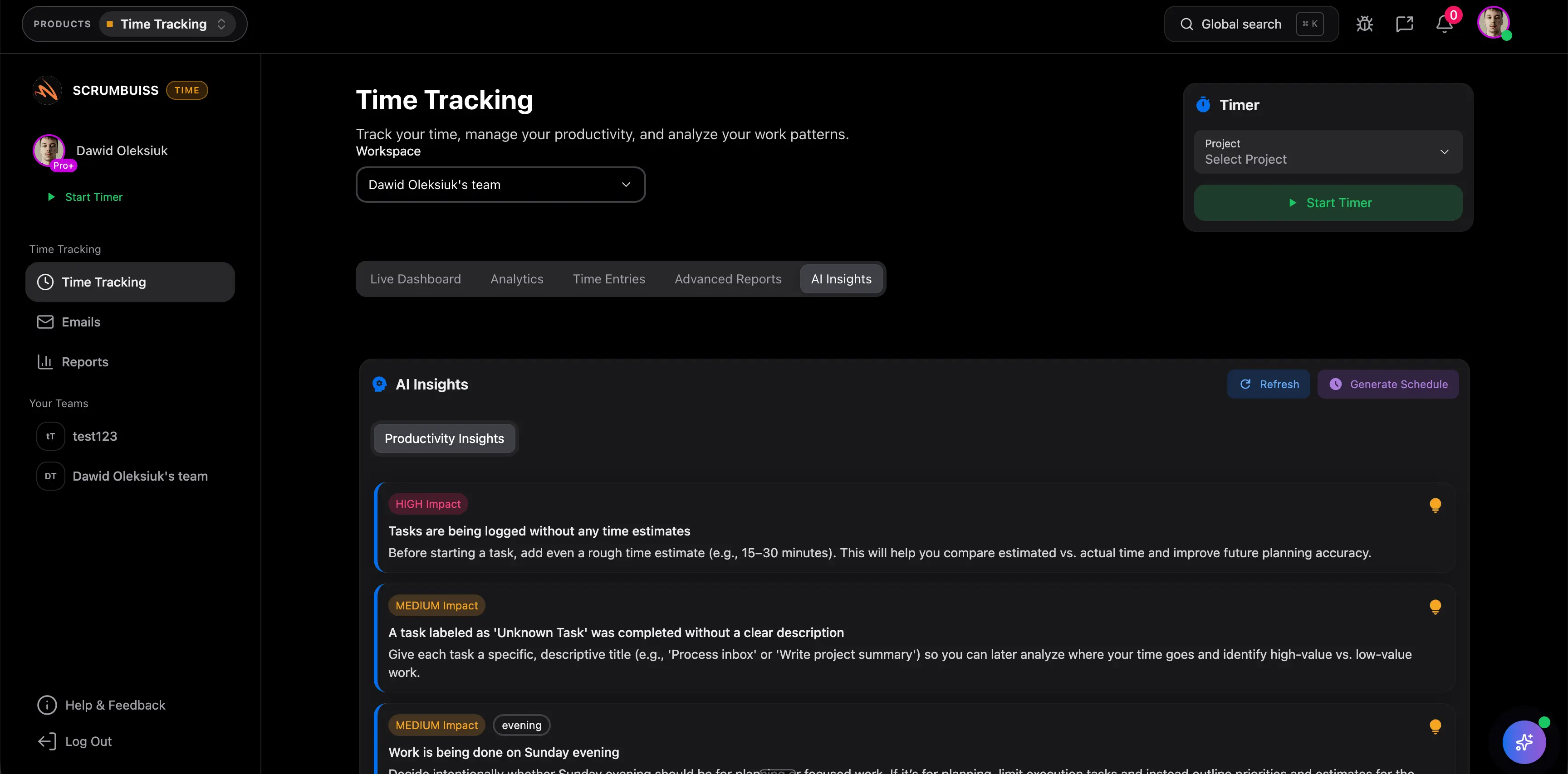 Team and project time reports