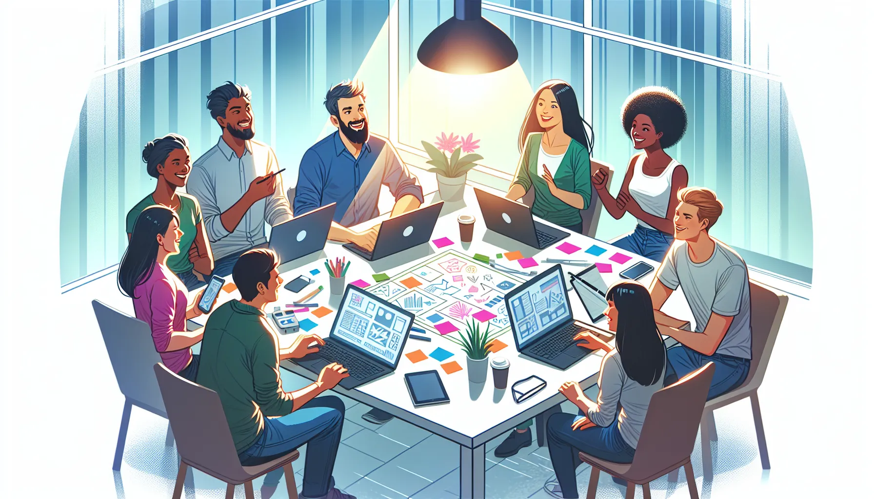 An illustration of a high-performing project team engaged in a brainstorming session.