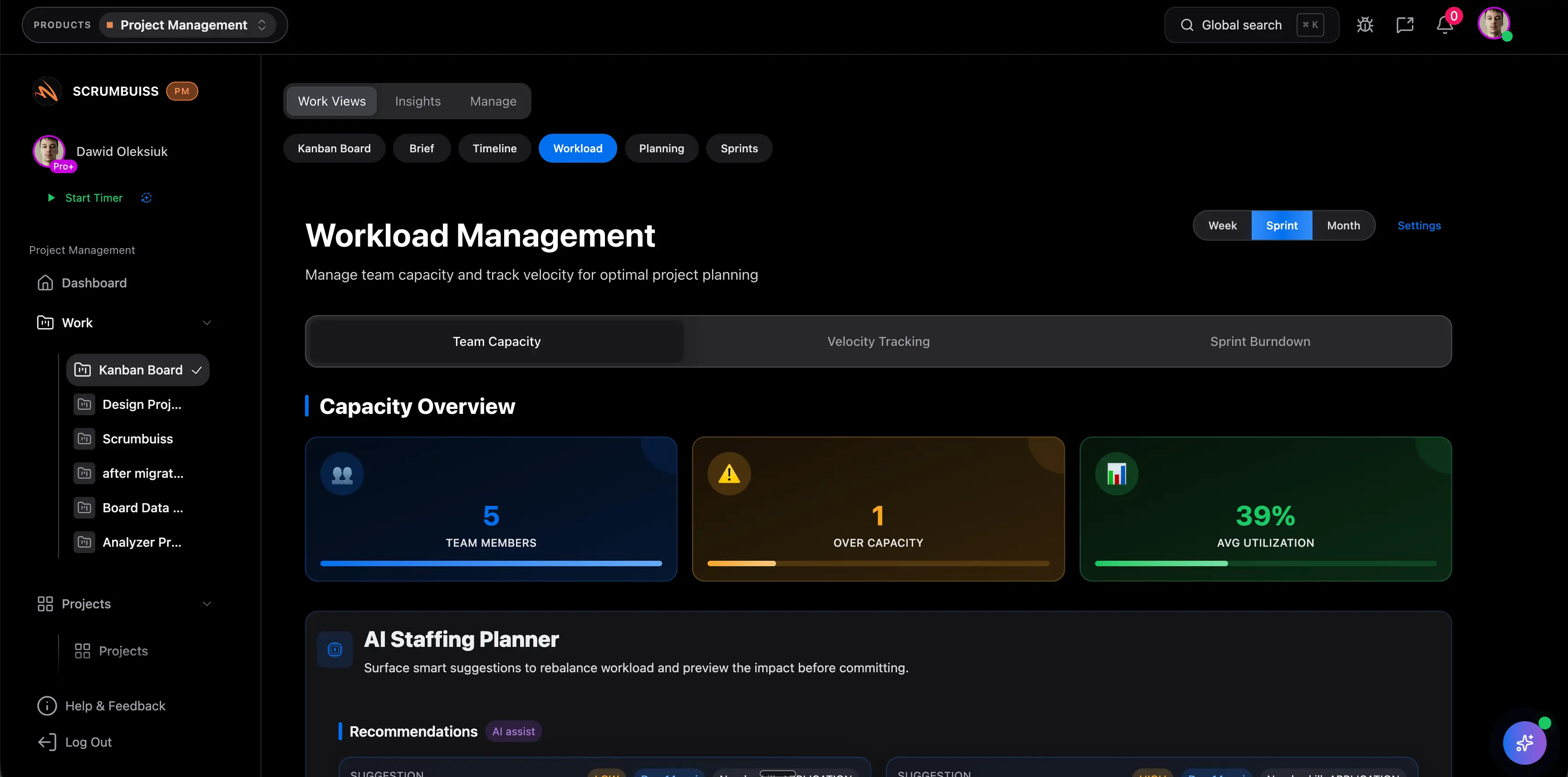 Delivery workflow with sprints and capacity screenshot